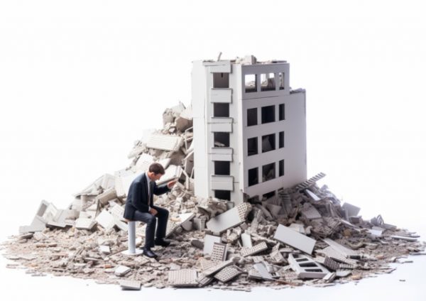 倒壊する建物と落ち込む男性