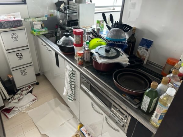 調理器具や調味料、鍋などが溢れかえったキッチン