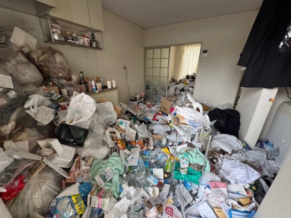 神奈川県川崎市川崎区　ゴミだらけでシンクが埋もれ、床も一切見えない台所
